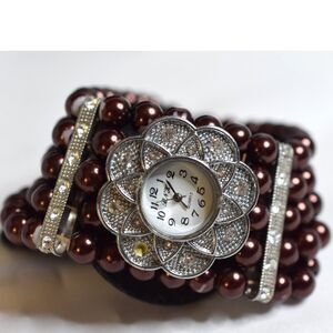 BNH Floral  Dark Brown Faux Pearl Rhinestone Accents 7" Stretch Working Watch